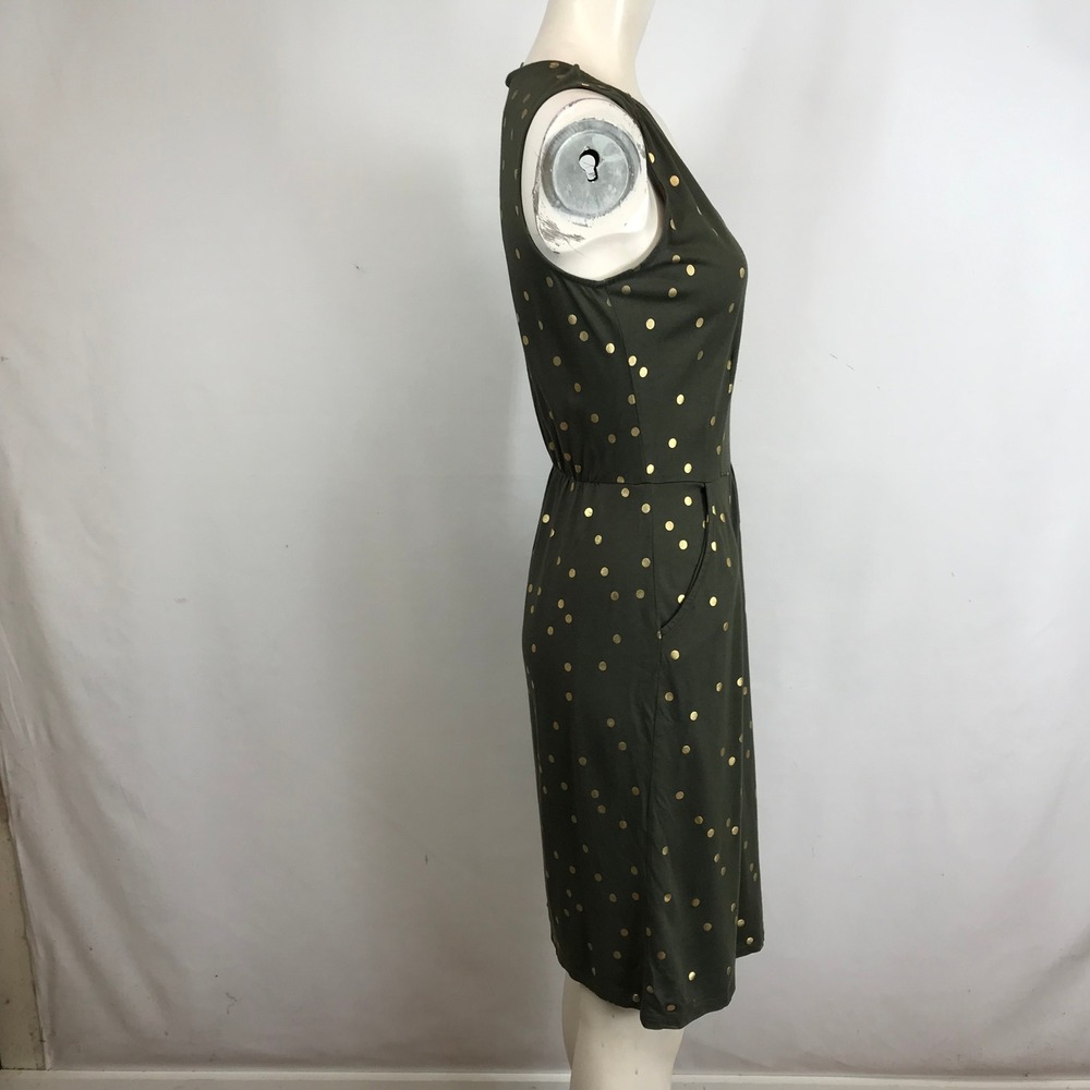 Boden Olive Green Gold Polka Dot Sleeveless V Neck Dress Size 4 - Picture 4 of 8